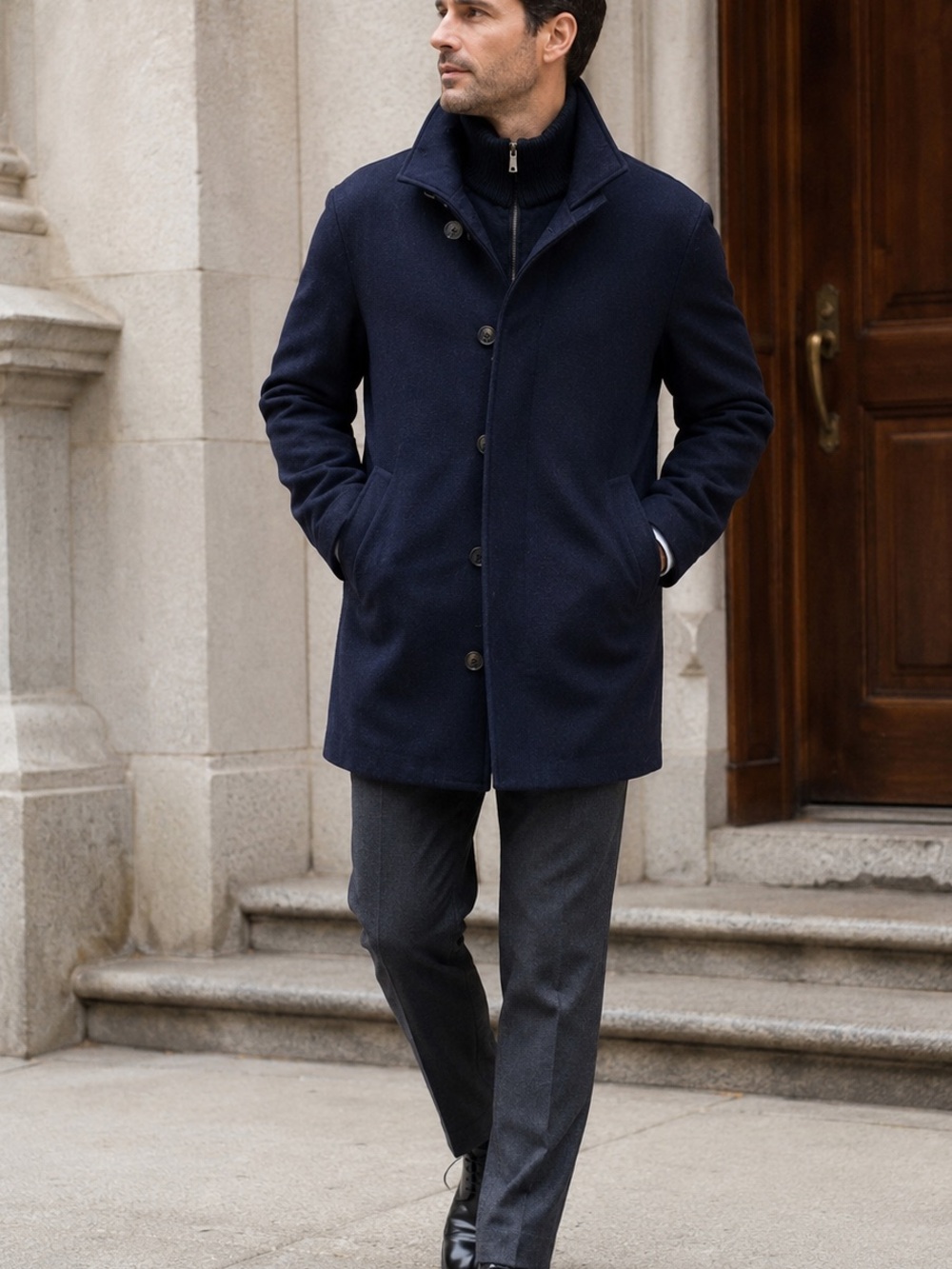 Cardinal of Canada Wool Blend Car Coat Navy Hidden Placket Quilted Lined L 42-44